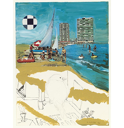 This work is part of a series of collages that Juan Ugalde produced in the mid-1990s, in which he critically examines the effects of uncontrolled urban development and mass tourism