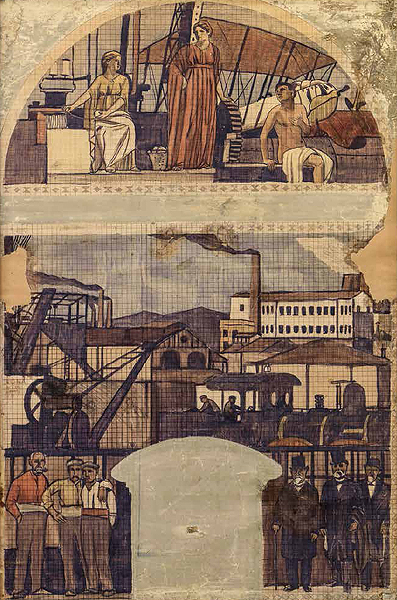 Joaquín Torres-García (b. 1874 – d. 1949, Montevideo): Industrial Catalonia, 1917. Sketch for the fifth fresco in the Saló de Sant Jordi, Palau de la Generalitat de Catalunya. Watercolour, pencil and ink on paper/card. Government of Catalonia