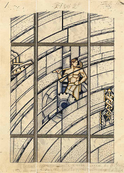 Alberto Martorell (b. Sant Feliu de Guíxols, 1890 - d. Calí, Colombia, 1979) (attributed). Maumejean Hermanos. ‘Allegory of Industry’, ca. 1933. Sketches for the windows of the main staircase of the extension. Ink, watercolour and pencil on paper