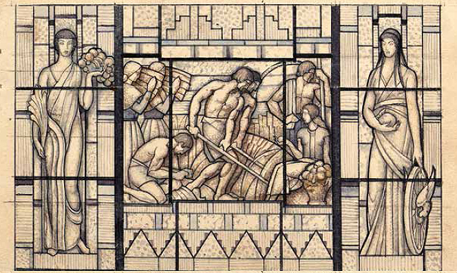Maumejean Hermanos (1923 – 1970). Sketches for the stained-glass window in the entrance hall of the Banco de España extension. Watercolour and pencil on paper. National Museum of Decorative Arts, housed at the National Glass Centre Foundation
