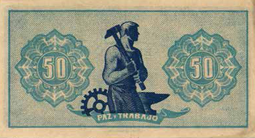 50-centimo banknote issued by the Consejo de Asturias y Leon, ca. 1937. Originals, printed by lithographic process. Printed by: Control de Litografía, Gijón, at the Artes Gráficas printing house. AHBE, Banknote Collection