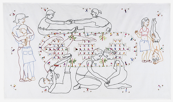 Victoria Gil: Los locales trabajan 3. Bordado sobre mantel. 300 x 160 cm. Colección Banco de España.