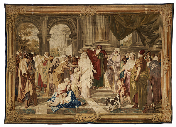 Jacques Neilson. Manufacture royale des Gobelins, según diseño de Antoine Coypel. Susana acusada de adulterio. De la serie El Antiguo Testamento, 1751-1781. 400 x 570 cm. Colección Banco de España.