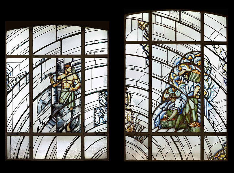 Maumejean Hermanos, Madrid (1923-1970): "Alegoría de la Industria y Alegoría de la Agricultura", c. 1934-1935. Vidrios esmaltados e impresos y metal. 415 x 306 cm.  | 440 x 306 cm. Colección Banco de España