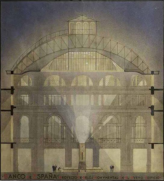 José Yárnoz Larrosa (Pamplona, 1884 - Madrid, 1966. "anco de España: proyecto de reloj monumental en el nuevo edificio". Acuarela y tinta sobre cartulina. 79 x 72 cm. AGUN. Fondo José Yárnoz Larrosa