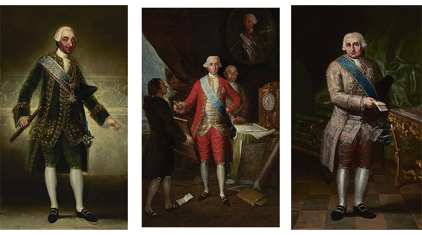 Francisco de Goya: Retratos de El Rey Carlos III (c. 1786), José Moñino y Redondo, I conde de Floridablanca (1783) y Miguel de Múzquiz y Goyeneche, I conde de Gausa y I marqués de Villar de Ladrón (1783)