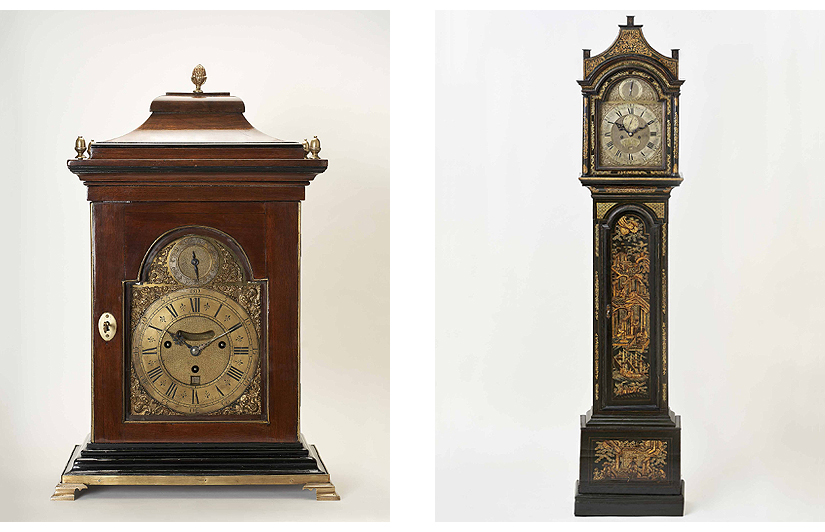 Reloj de sobremesa inglés bracket, c. 1720 (Thomas Windmills, relojero) | Reloj de caja alta, c. 1770-1780 (Diego Evans, relojero)
