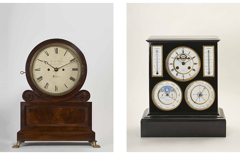 Reloj de sobremesa, c. 1808-1838 (James Moore French, relojero) | Reloj de sobremesa, c. 1850-1860 (José de Hoffmeyer, relojero)