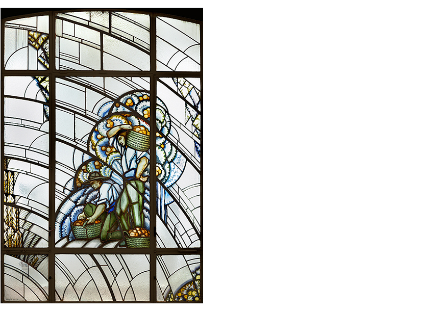 Maumejean Hermanos, Madrid. Alegoría de la Industria, 1934-1935. Vidrios esmaltados e impresos y metal. Colección Banco de España