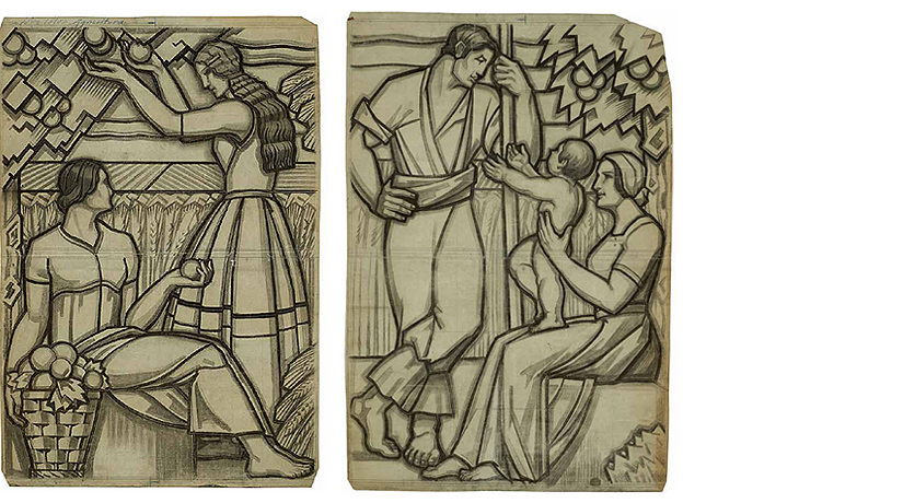 Alberto Martorell. Maumejean Hermanos, Madrid: Alegoría de la Agricultura (figuras femeninas recolectando fruta), c. 1933.