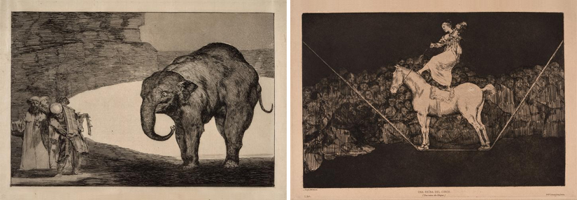 'Disparate de bestia / Otras leyes para el pueblo' y 'Disparate puntual / Una reina del circo', dos de las estamapas de la serie Disparates, de Francisco de Goya