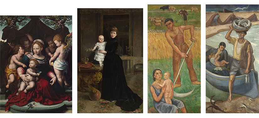 Cornelis van Cleve: Virgen de lirio (c. 1550) | Manuel Yus y Colas: Retrato de María Cristina de Habsburgo-Lorena con Alfonso XIII (1887) | Joaquim Sunyer: La tierra (1952) | Daniel Vázquez Díaz: El mar (1955)