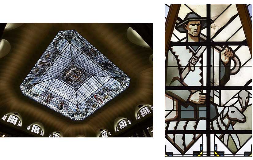Vidriera art déco de la Casa Maumejean en el Patio de Operaciones del Banco de España | Detalle de la vidriera donde aparece la figura de un pastor