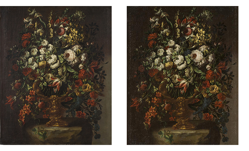 Florero (anónimo español, 1660 y 1670), antes y después del proceso de restauración