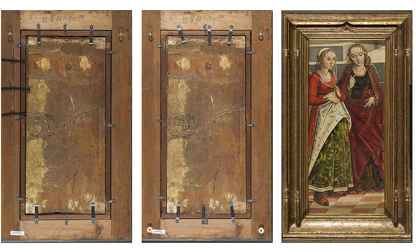 Marco de la tabla Dos figuras femeninas (Taller de Pedri Berruguete), antes y después del proceso de restauración. | Anverso de la tabla Dos figuras femeninas (Taller de Pedri Berruguete) tras el proceso de restauración  