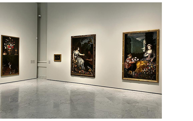 Juan Van der Hamen: Bodegón con florero y perro [c. 1621], Pomona y Vertumno (1626) y Ofrenda a Flora (1627). Vista de sala exposición Flores y frutos