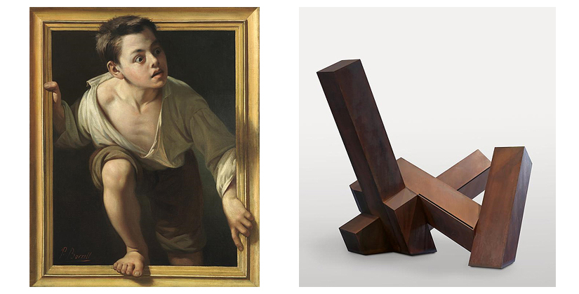 Huyendo de la crítica (Una cosa que no puede ser o Muchacho saliendo del cuadro), de Pere Borrell del Caso y Elogio del desencanto, de Eduardo Chillida, dos obras de la Colección Banco de España