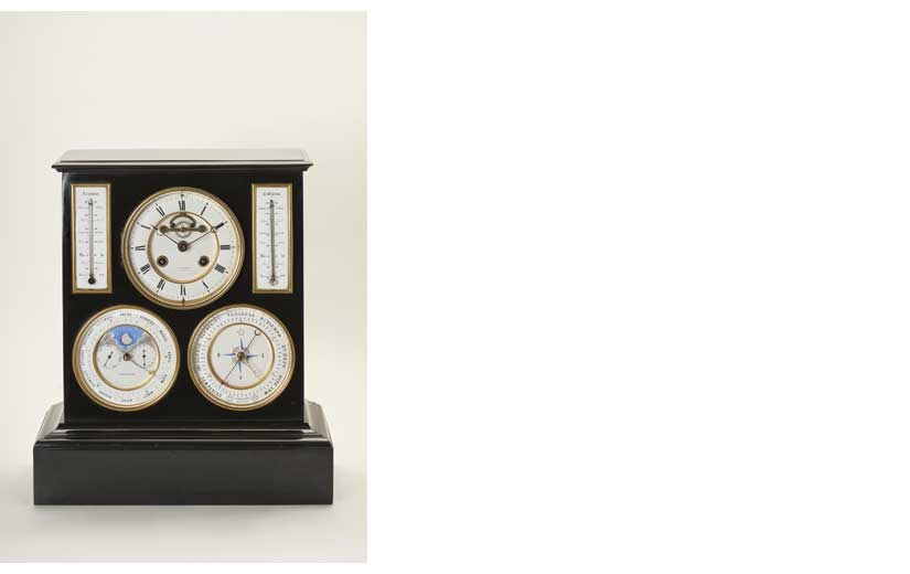 JOSÉ DE HOFFMEYER. Reloj de sobremesa, c. 1850 Mármol negro y bronce dorado. Procedencia: Probablemente del Banco Español de San Fernando. Colección Banco de España