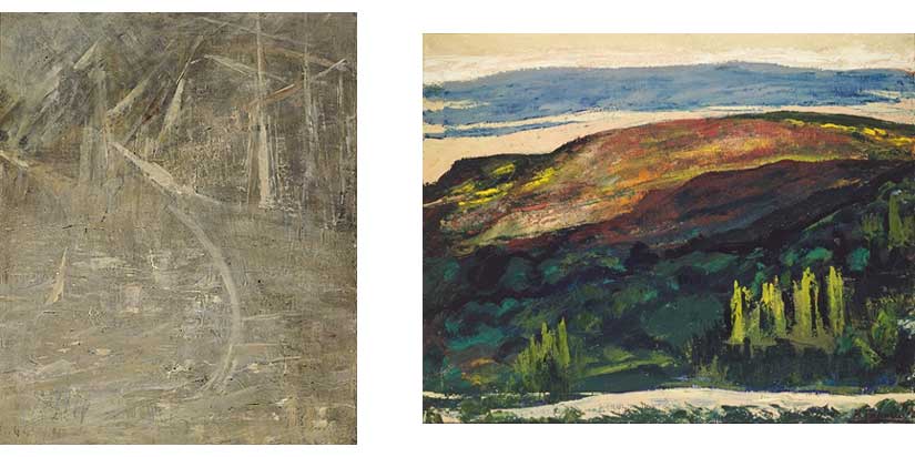 Pancho Cossío: Escena con barcos (c. 1964) | Benjamin Palencia: Poniente (Paisaje) [1972]