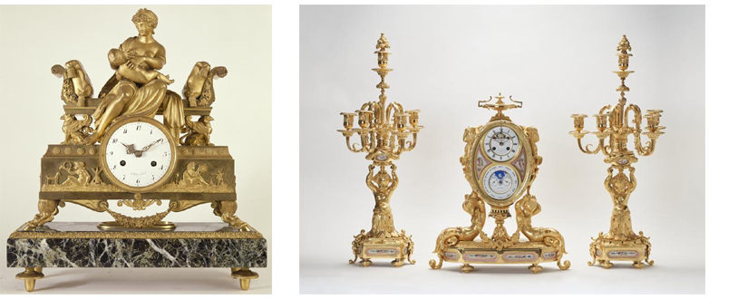 Reloj de sobremesa 'Alegoría de la maternidad' (Antoine Gaulin) y Guarnición, con reloj de sobremesa y dos candelabros (Peña y sobrino)