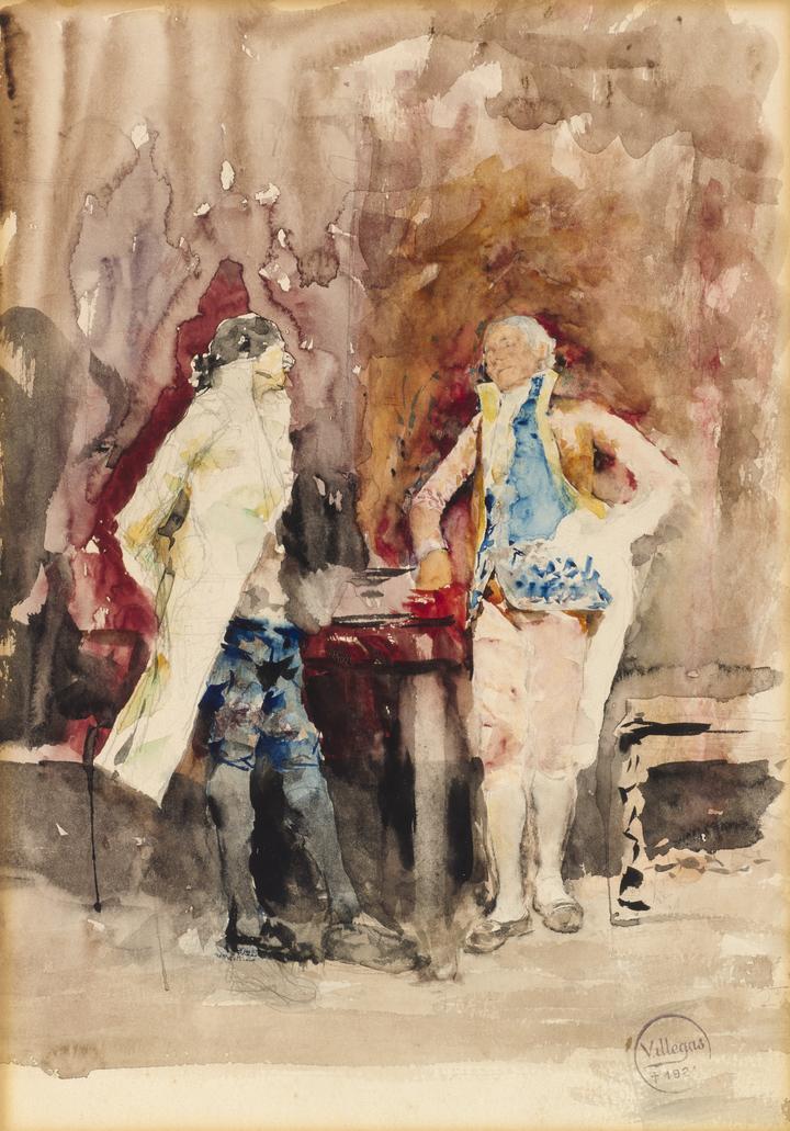 Dos caballeros conversando junto a una mesa