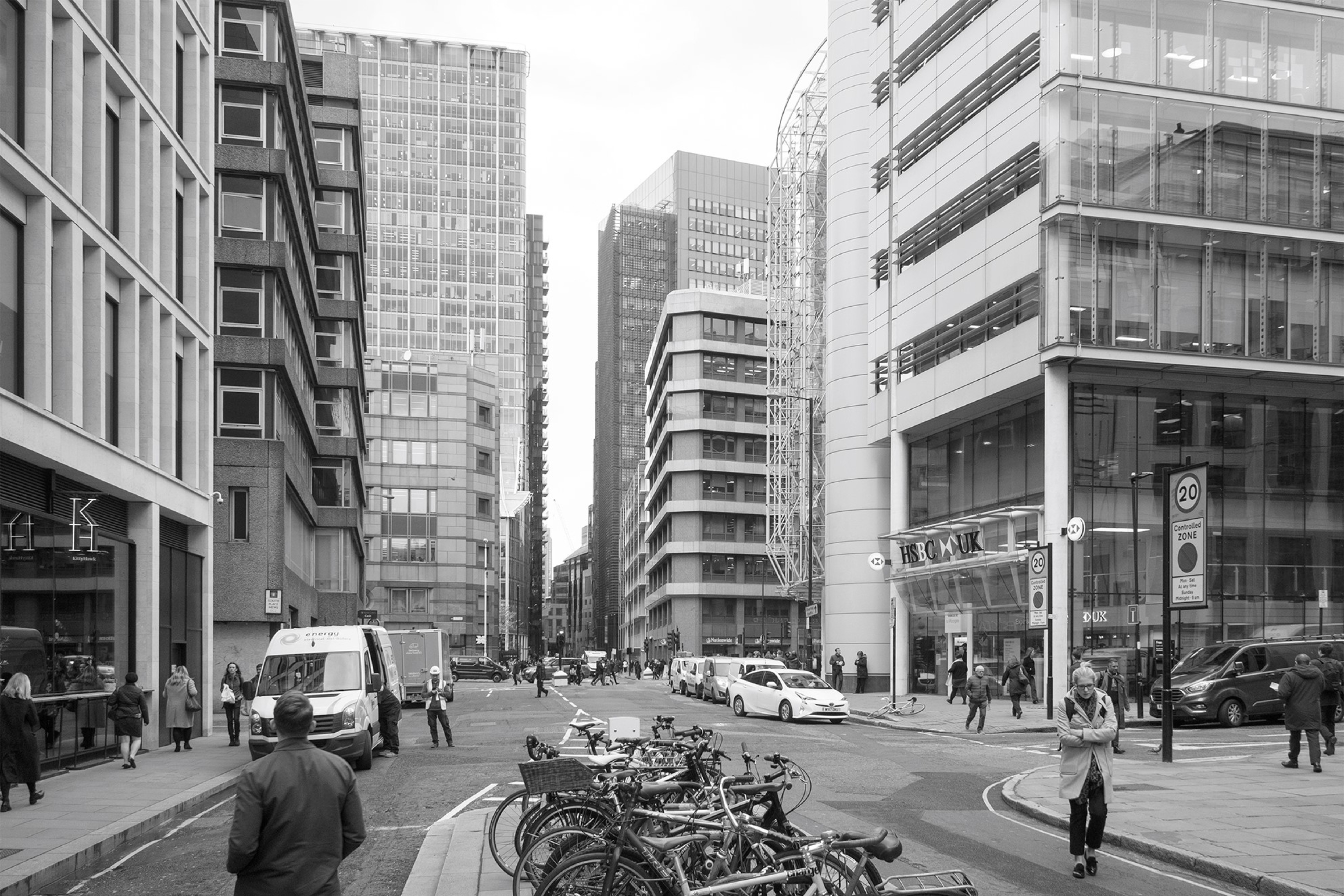 Ropemaker St. with Moorgate and Finsbury Pavement from South Pl.