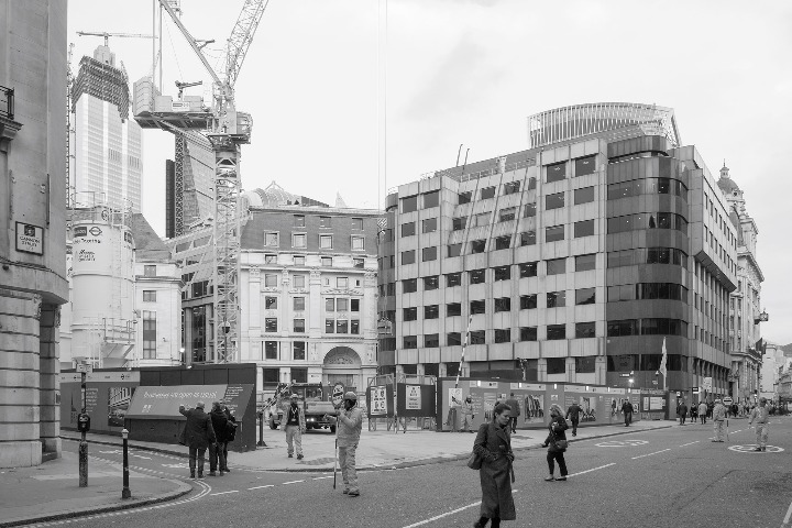 Works of the Bank Station capacity upgrade (completion expected 2021) seen from Cannon St.