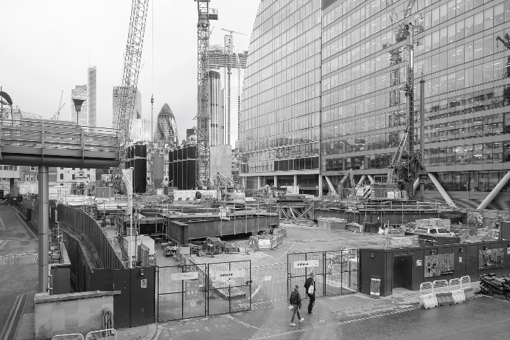 Construction works for the new 101 Moorgate commercial and retail development above the Crossrail Liverpool St. Station seen from a Barbican high walk