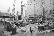 Construction works for the new 101 Moorgate commercial and retail development above the Crossrail Liverpool St. Station seen from a Barbican high walk