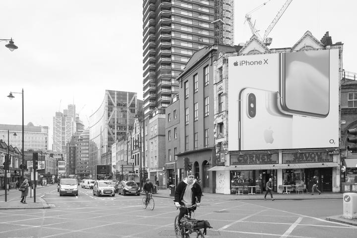 The A10 Road stretch to Norton Folgate and Bishopsgate seen from Shoreditch High Street with Commercial and Great Eastern St.