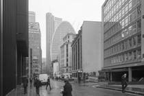 A view of 110 Bishopsgate (the Heron Tower, KPF Kohn Pedersen Fox, 2011) and 60-70 St Mary Axe (the ‘Can of Ham’, Foggo Associates Architects, under construction) from Bevis Marks