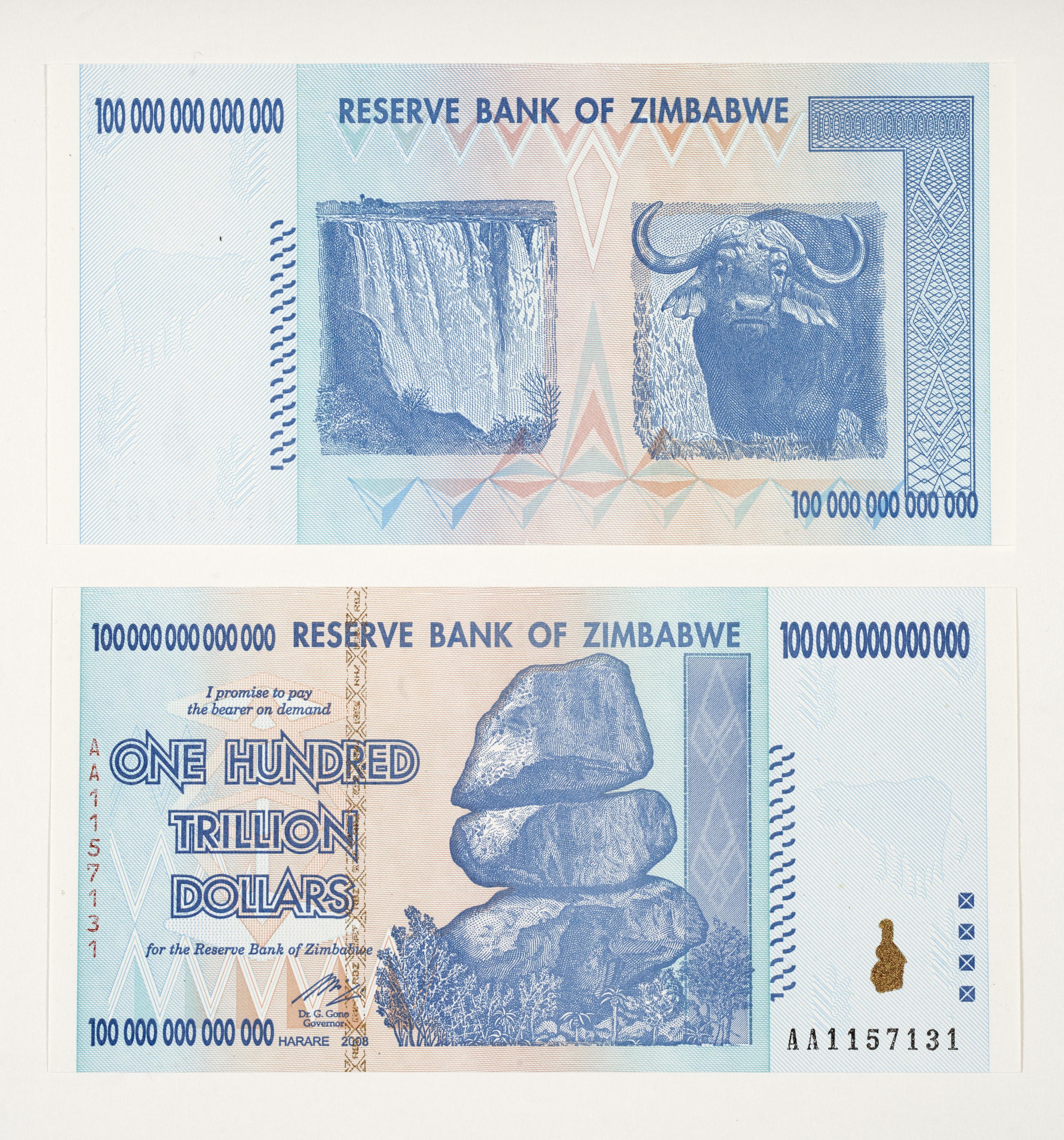 100 trillones. Currency devaluation, Zimbabwe Reserve Bank bill