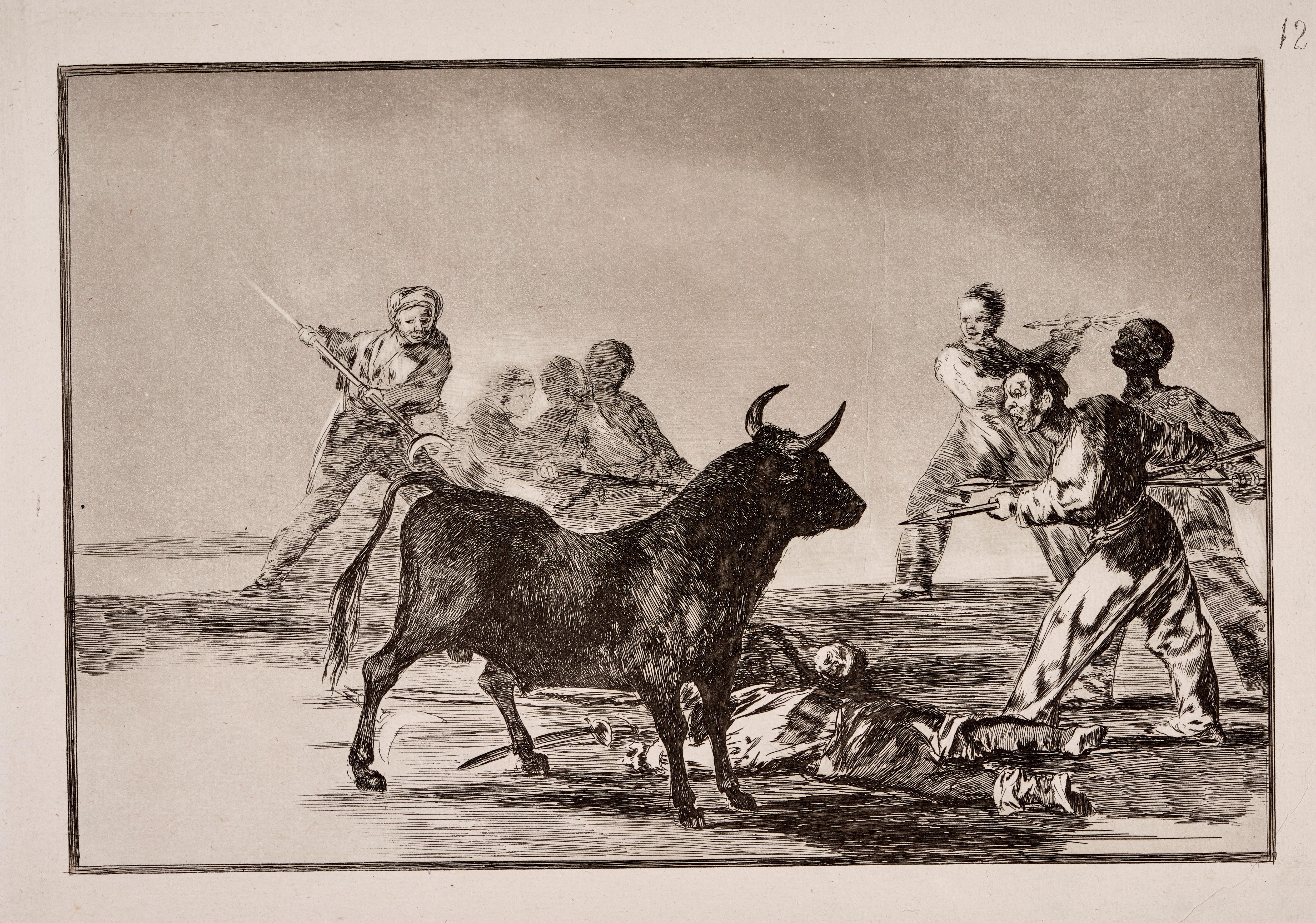 Desjarrete de la canalla con lanzas, medias-lunas, banderillas y otras armas [The Rabble Hamstring the Bull with Lances, Sickles, Banderillas and Other Arms]