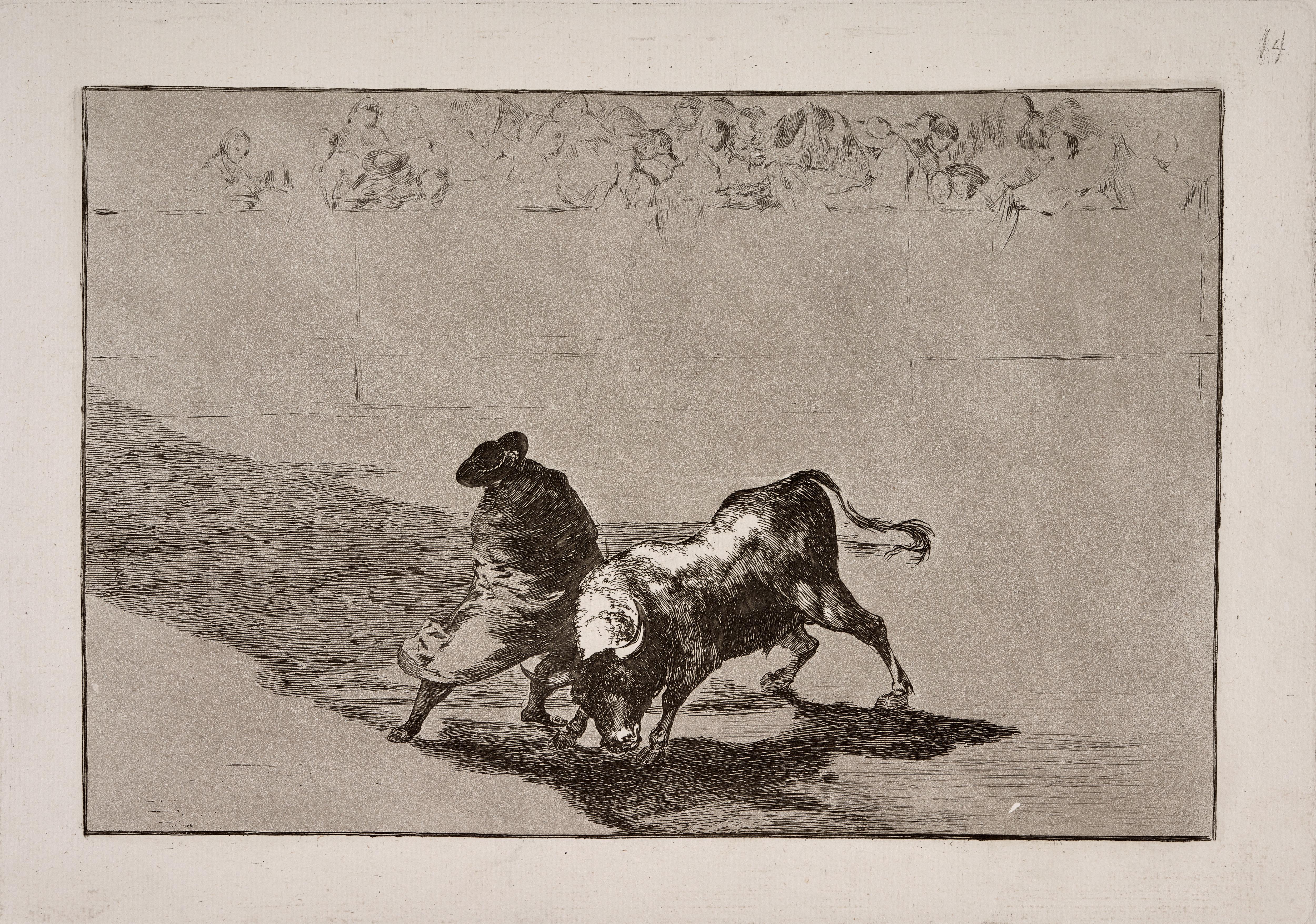 El diestrísimo estudiante de Falces, embozado burla al toro con sus quiebros [The Very Skillful Student of Falces, Wrapped in His Cape, Tricks the Bull with the Play of His Body]