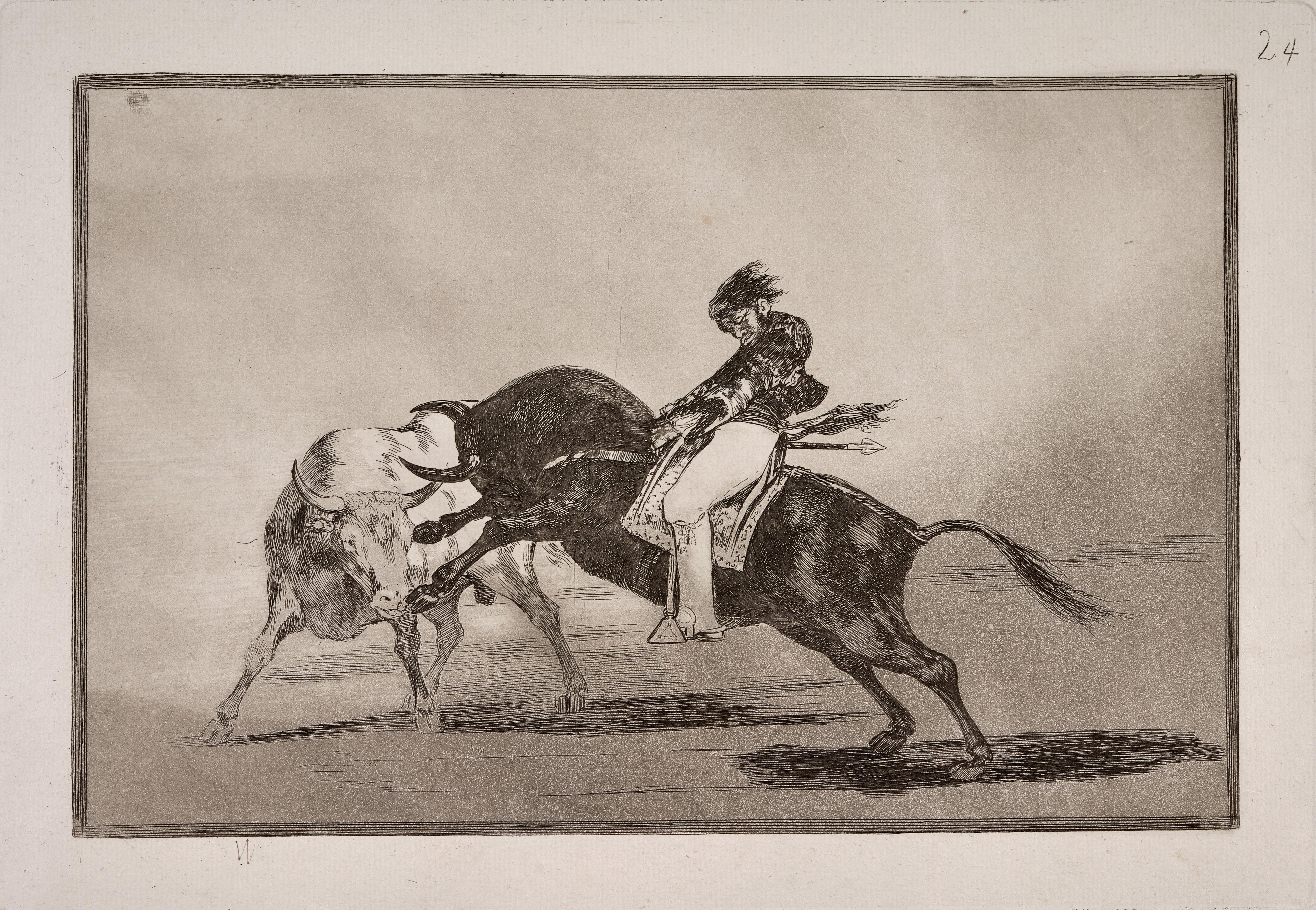 El mismo Ceballos montado sobre otro toro quiebra rejones en la plaza de Madrid [The Same Ceballos Mounted on Another Bull Breaks Short Spears in the Ring at Madrid]