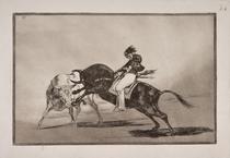 El mismo Ceballos montado sobre otro toro quiebra rejones en la plaza de Madrid [The Same Ceballos Mounted on Another Bull Breaks Short Spears in the Ring at Madrid]