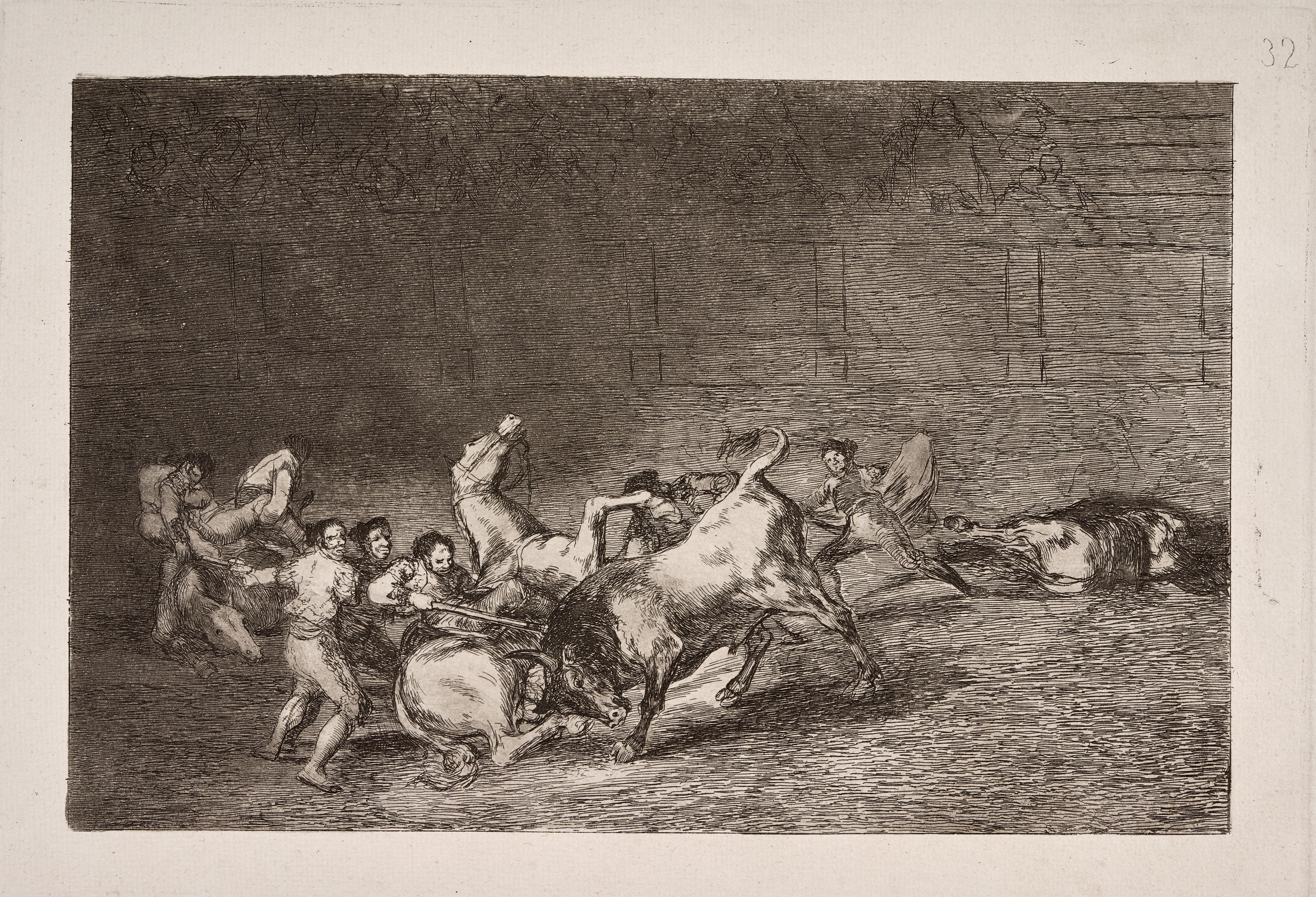 Dos grupos de picadores arrollados de seguida por un solo toro [Two Teams of Picadors Thrown One after the Other by a Single Bull]