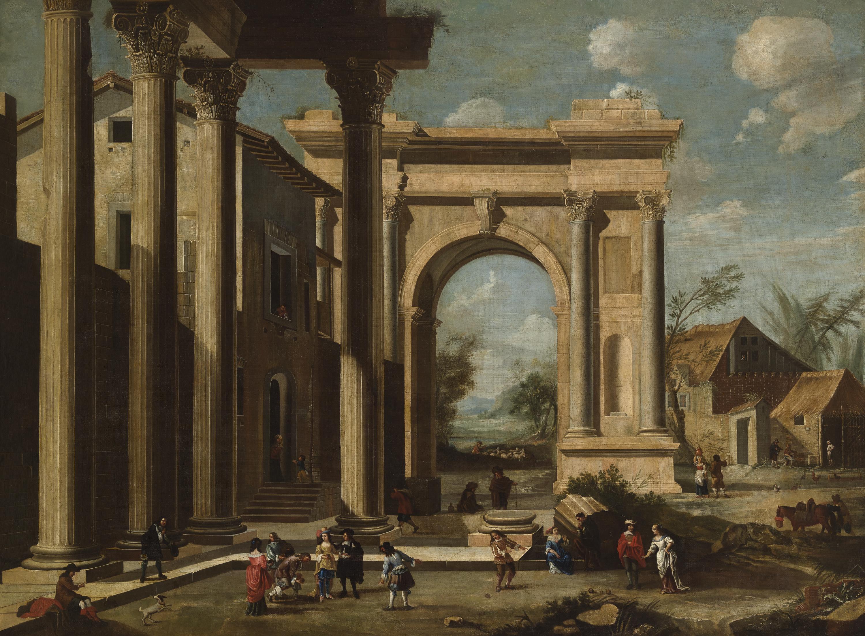 Paisaje de ruinas con juego de bolos [Landscape of Ruins and a Game of Bowls]