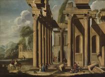 Paisaje de ruinas con damas y caballeros