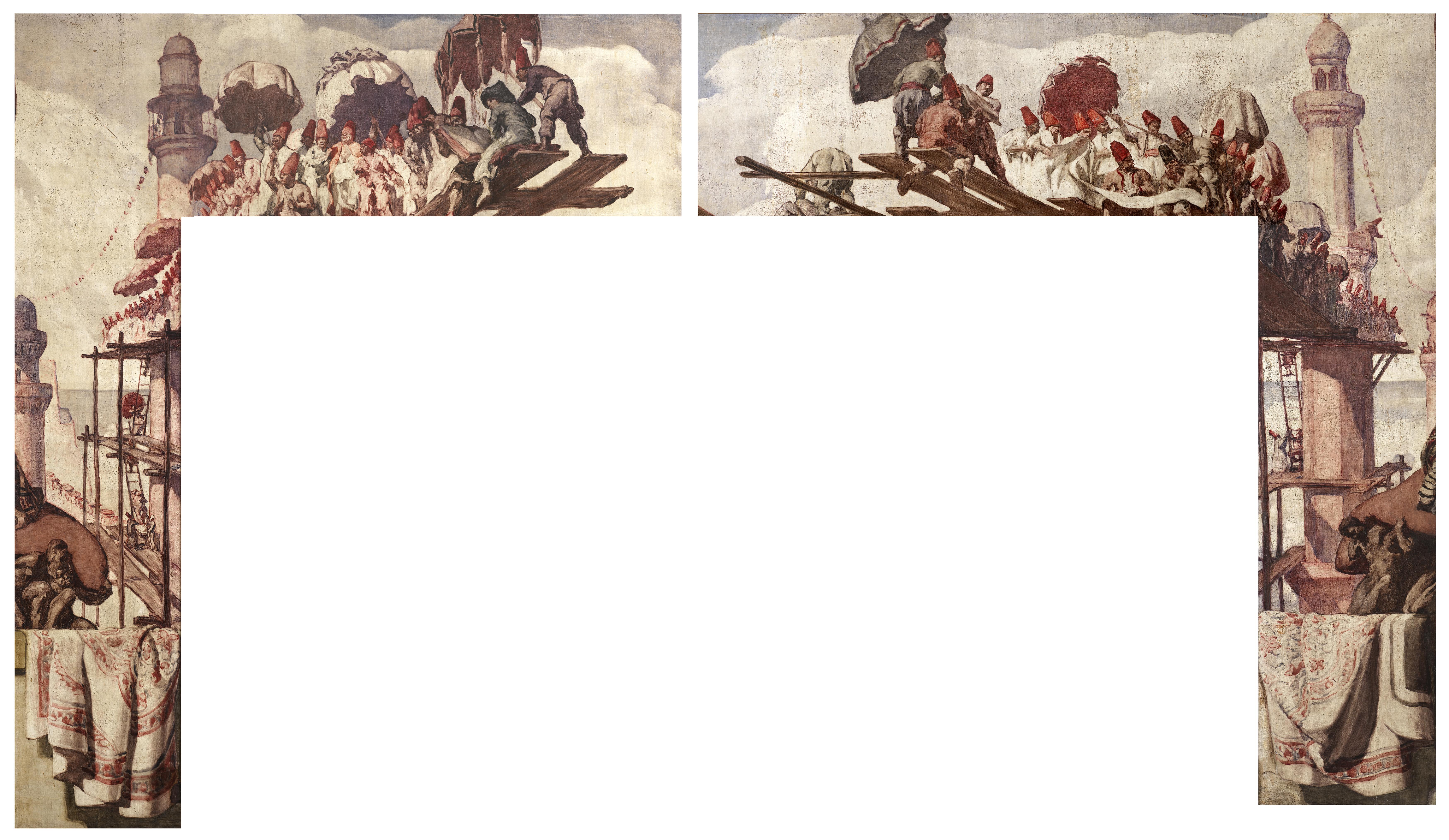 Fantasías mediterráneas. Turquía o Estambul [Fragmentos 1 y 3. Escena portuaria con escaleras y minaretes]