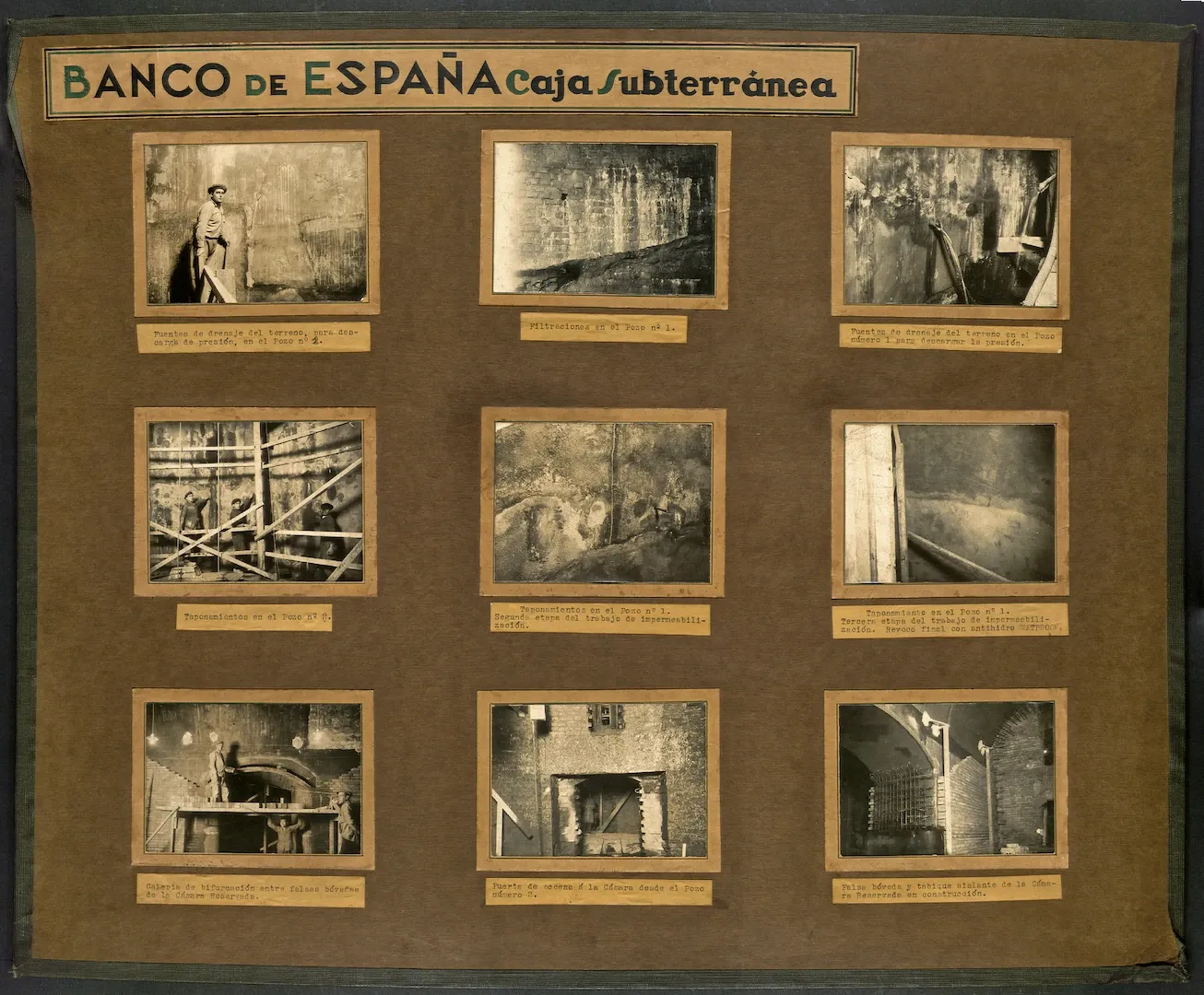 Madrid. Construcción de la caja subterránea del edificio del Banco de España. Panel de 9 fotografías con imágenes de la obra. Ca. 1932-1935. Fotógrafo: desconocido. Positivos. Plata en gelatina. N.º inv. 2294-2302.