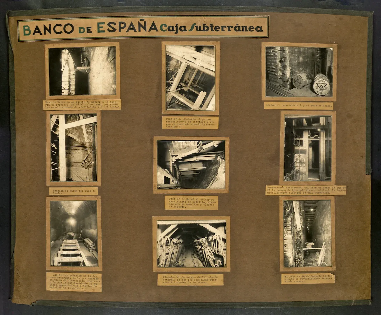 Madrid. Construcción de la caja subterránea del edificio del Banco de España. Panel de 9 fotografías con imágenes de la obra. Ca. 1932-1935. Fotógrafo: desconocido. Positivos. Plata en gelatina. N.º inv. 2303-2311.