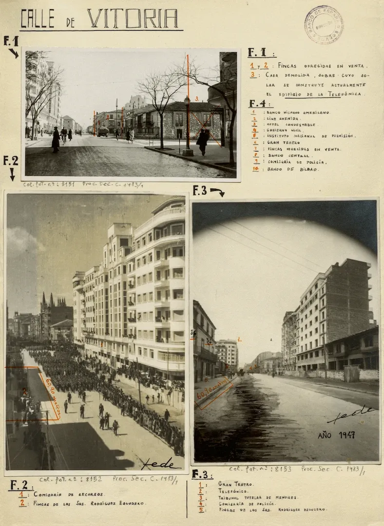 Burgos. Vistas de la calle de Vitoria, donde se señala la ubicación de varios edificios y de los solares en los que se iba a construir la nueva sede del Banco de España. Ca. 1947. Fotógrafo: desconocido (N.º inv. 8151); Federico Vélez (N.º inv. 8152 y 8153). Positivos. Plata en gelatina. N.º inv. 8151-8153.